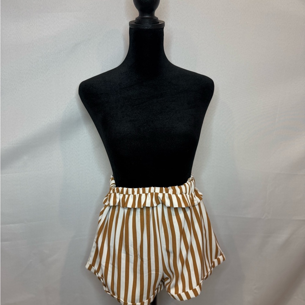 High Waist Brown and White Striped Shorts
